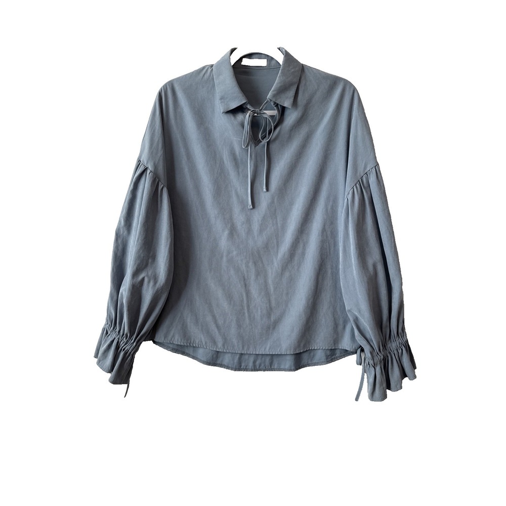 Romantic Regencycore Ribbon Tie Neck Balloon‎ Sleeve Blue Suede Blouse L Boho